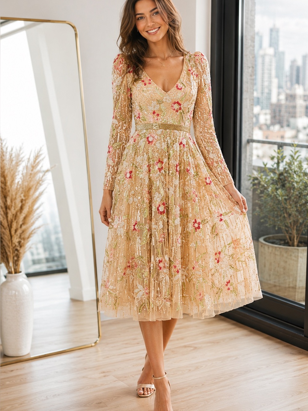 Mac Duggall Beaded  Floral V-Neck Midi Dress in Gold